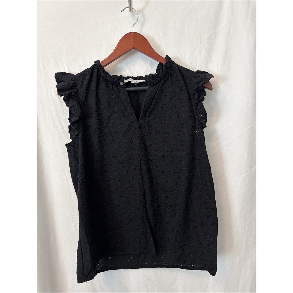 LOFT • Black • Floral Eyelet • Ruffle Sleeve • V Neck Blouse Romantic Workwear S